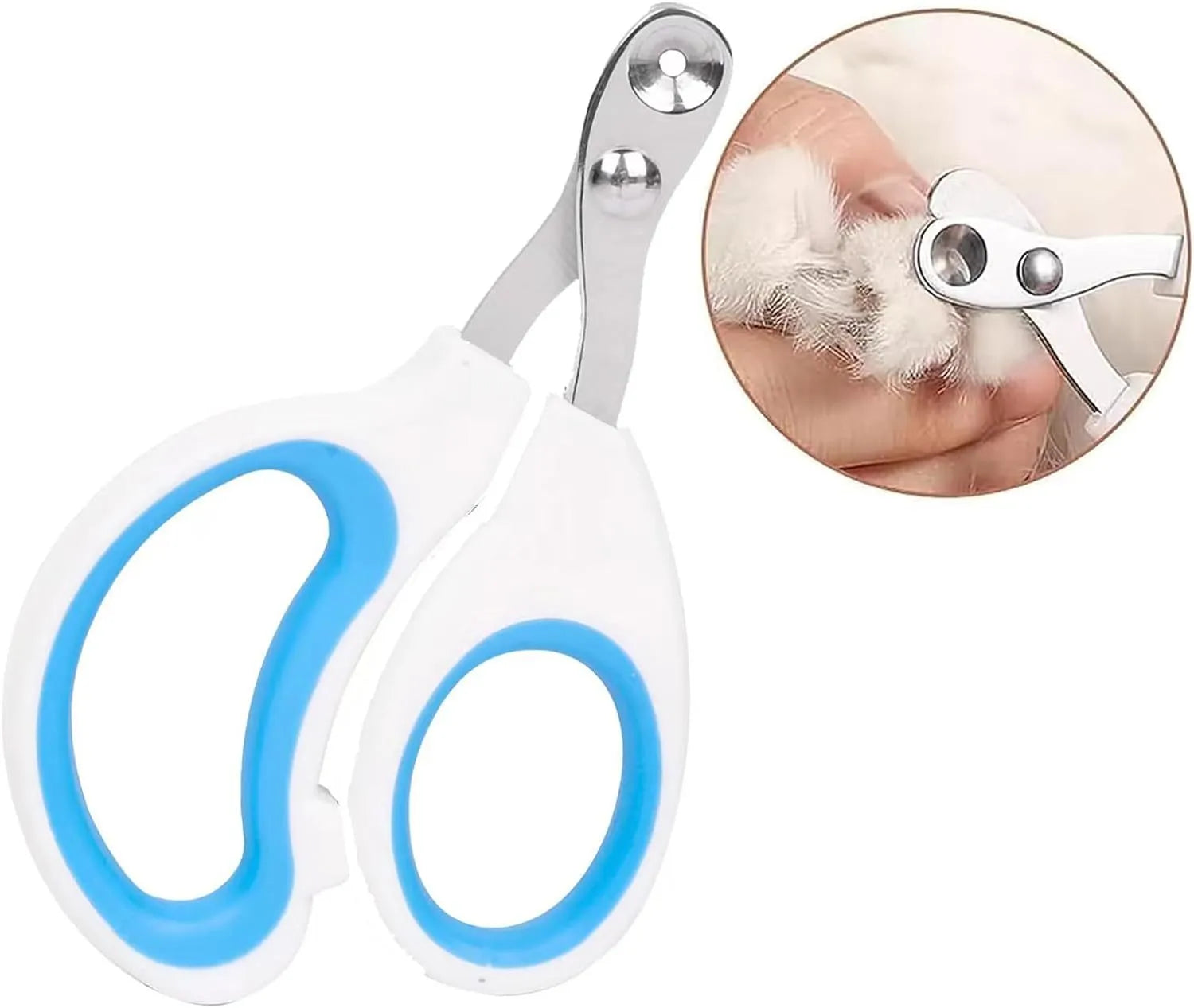 Blue cat nail clippers with a circular guard hole and cushioned non-slip handles on a white background.