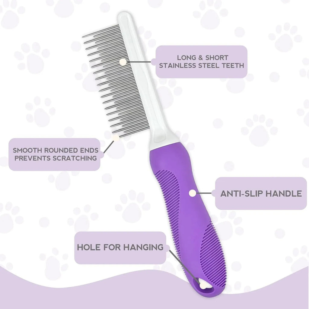 Purple pet grooming comb with stainless steel teeth for detangling dog and cat fur