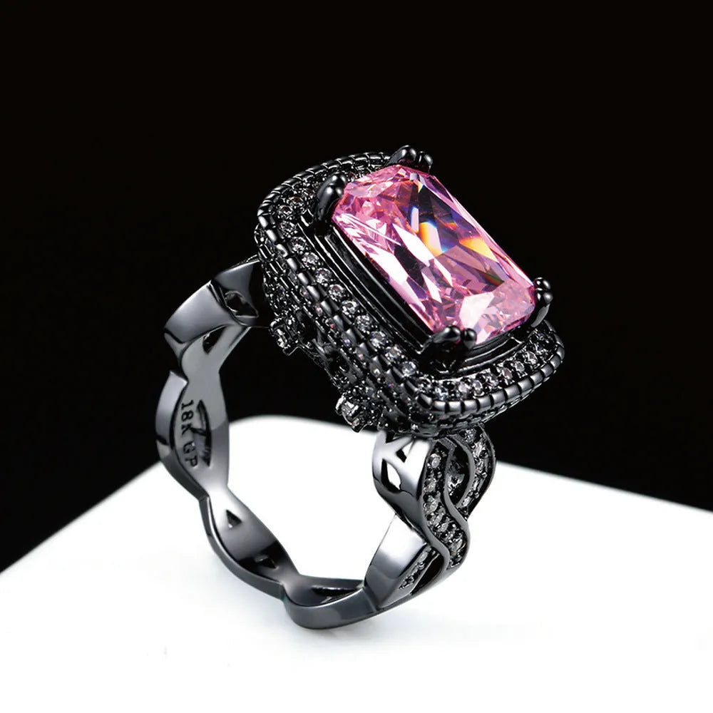 Black gold plated copper ring with pink zircon ball ornament inlay for women