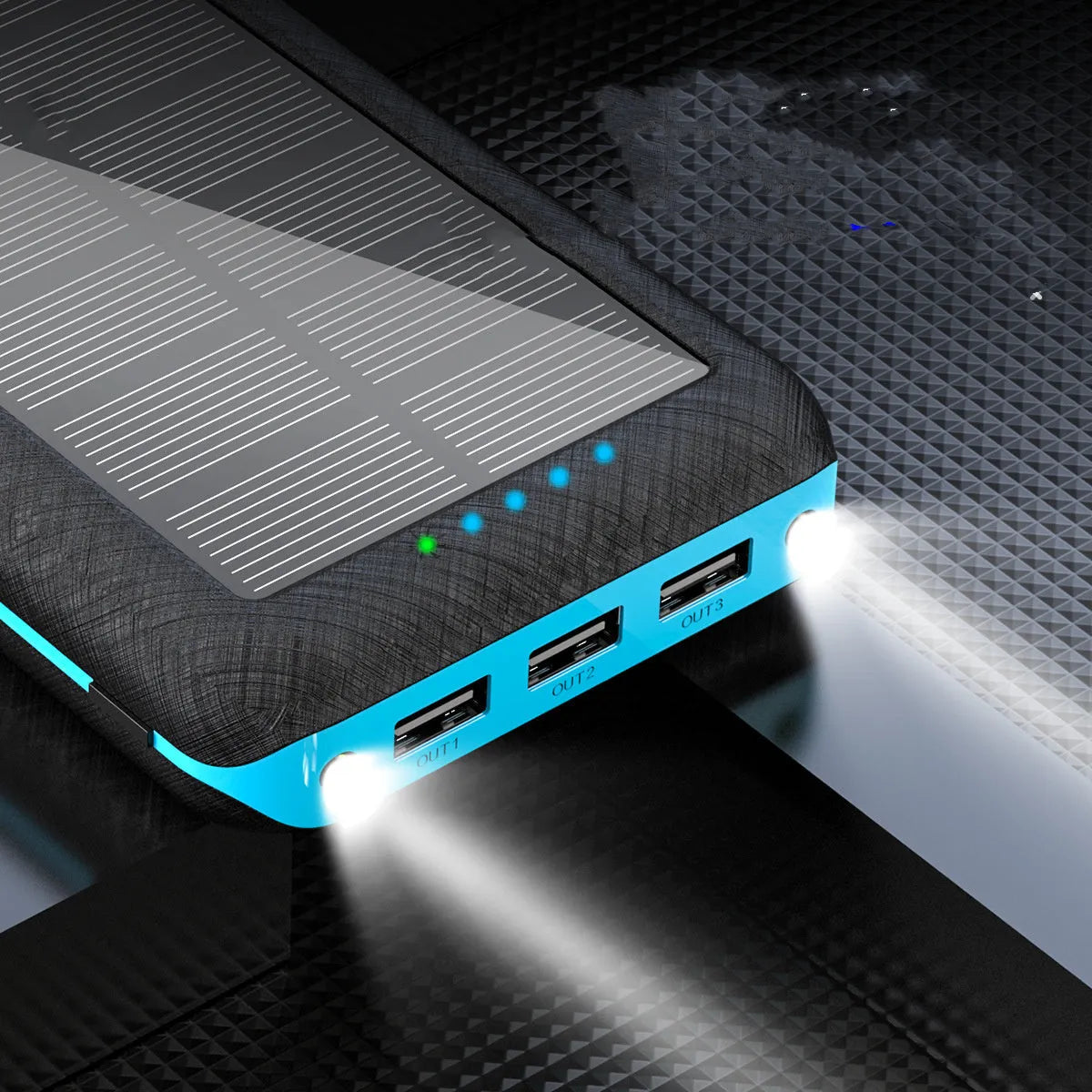 Solar power bank with wireless charging surface, three USB ports, and LED flashlight in black colour