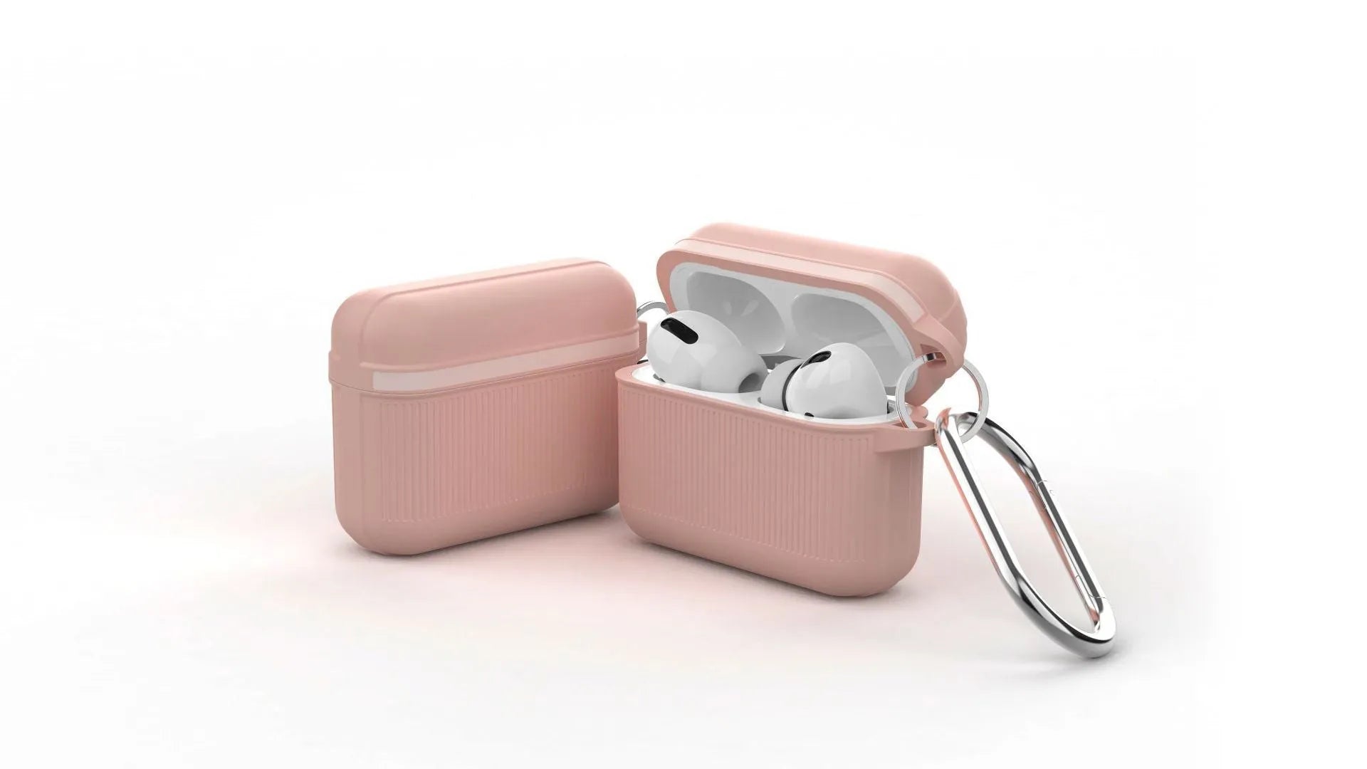 Silicone clamshell case for Apple AirPods with metal buckle, shown in a solid colour option.
