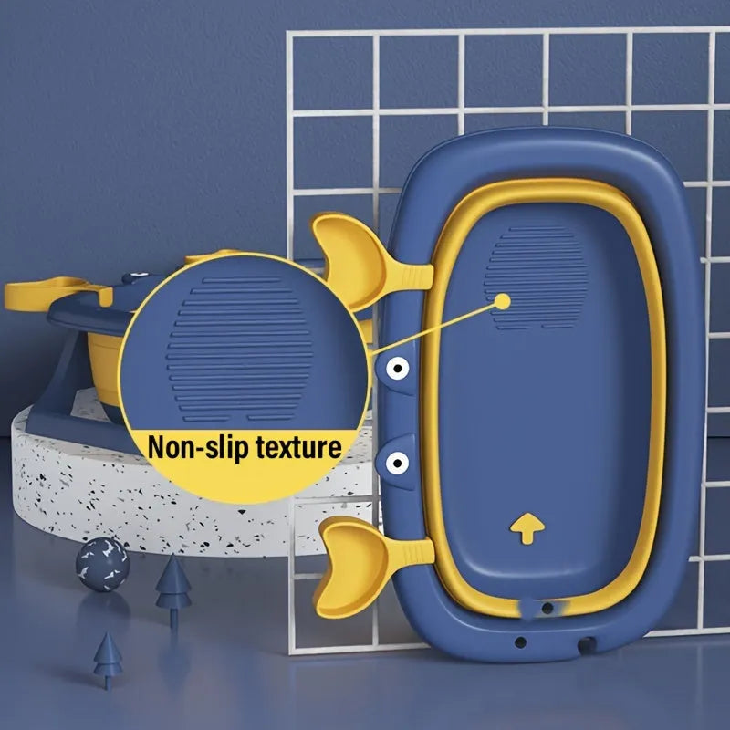 Blue foldable portable pet tub for small dogs and cats, shown with dimensions.