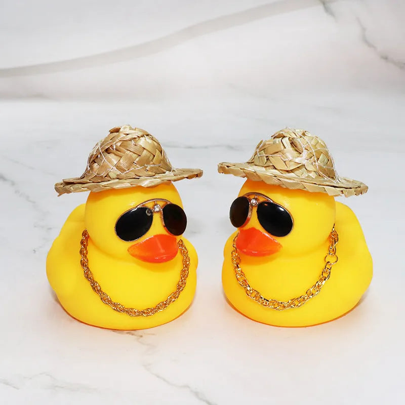 Yellow duck car dashboard ornament with straw hat and sunglasses necklace accessory