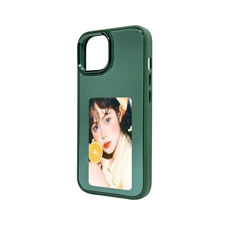NFC projection screen four-colour e-ink bracket phone case for iPhone in graphite black, pink, or green.