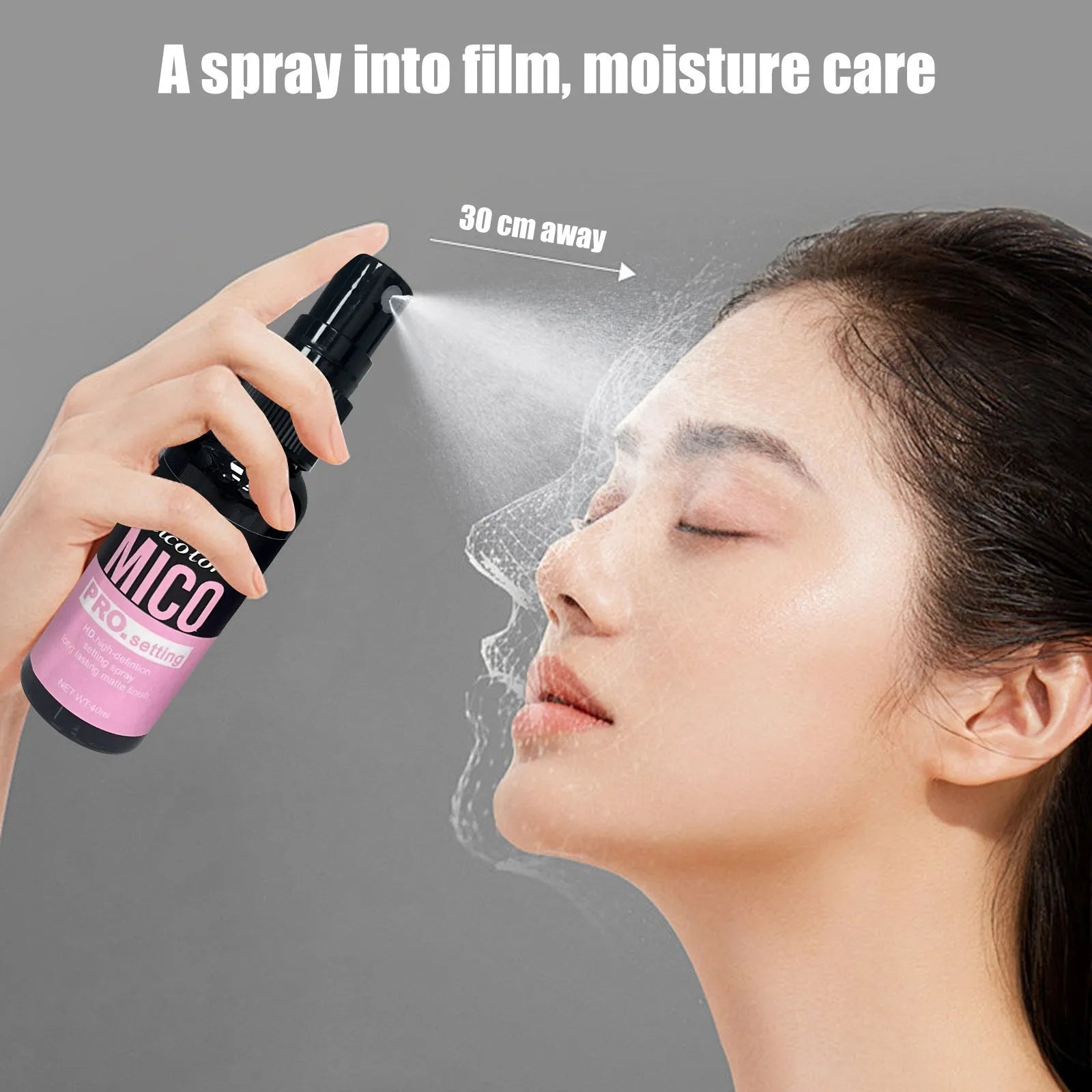 Monochrome packaged set of a 45ml make-up primer and a 40ml finishing spray.