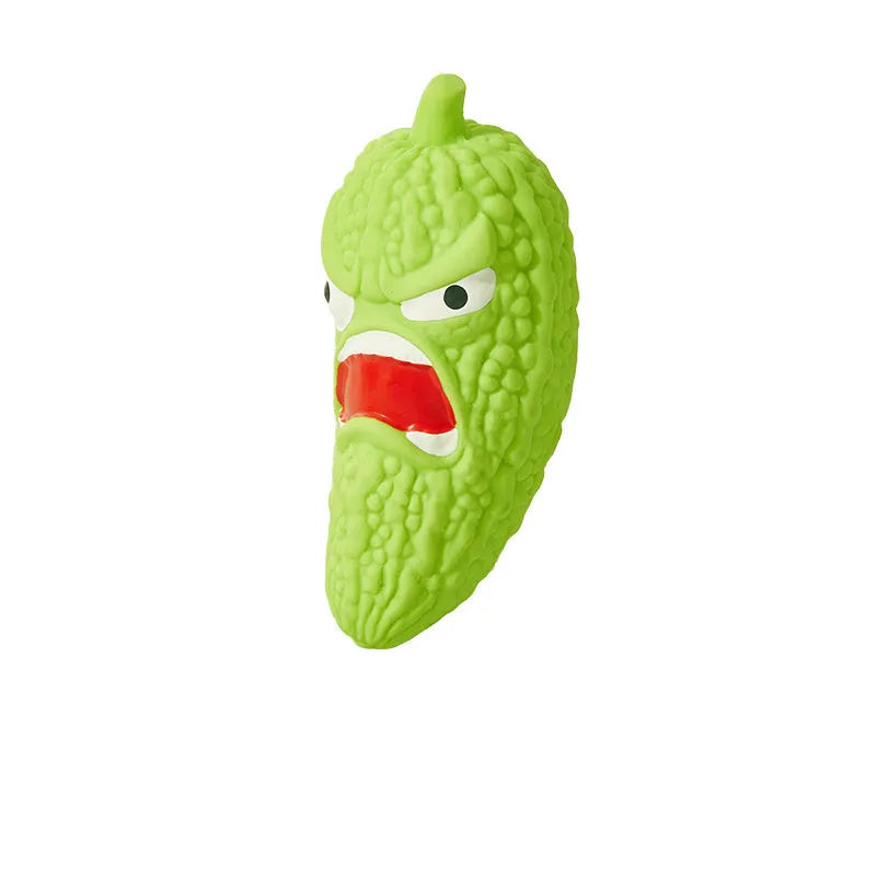 Dog chew toy shaped like bitter melon or chili with textured cleaning ridges and sound activation feature