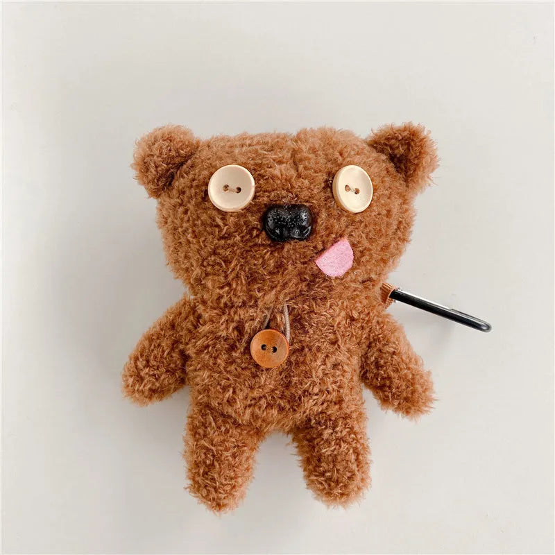 Brown plush button tongue bear earphone case flip type for AirPods and FreeBuds
