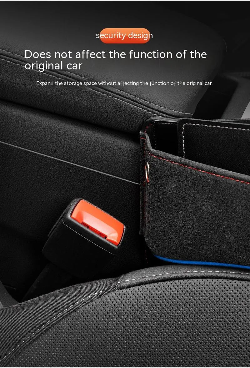 Black PU leather car seat storage box placed on a vehicle seat.