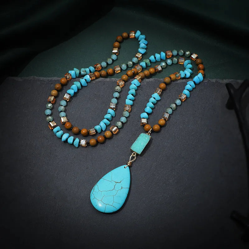 Blue turquoise water drop pendant necklace with mixed gem inlay on a long ball bead chain