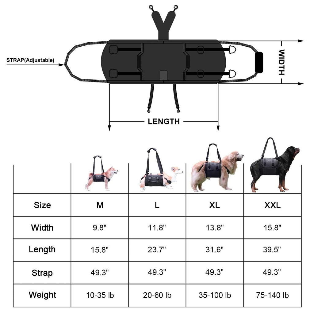 Black adjustable dog harness with leg straps made from Oxford cloth, shown on size chart L, M, XL, XXL.