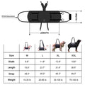 Black adjustable dog harness with leg straps made from Oxford cloth, shown on size chart L, M, XL, XXL.