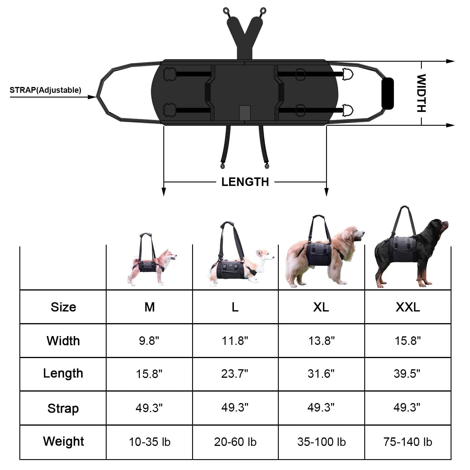 Black adjustable dog harness with leg straps made from Oxford cloth, shown on size chart L, M, XL, XXL.