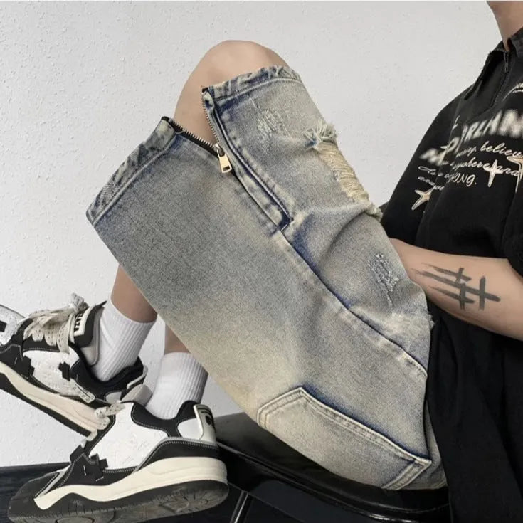 Blue retro tattered denim shorts with wide leg loose fit for women