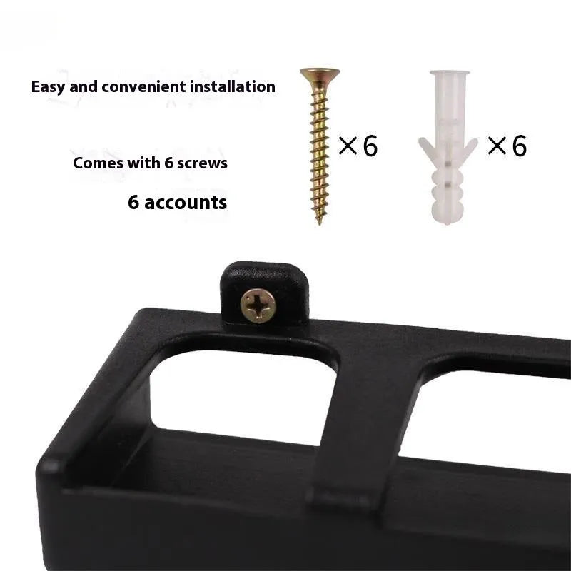 Black ABS plastic wall-mounted fishing rod storage rack shown in vertical and horizontal styles