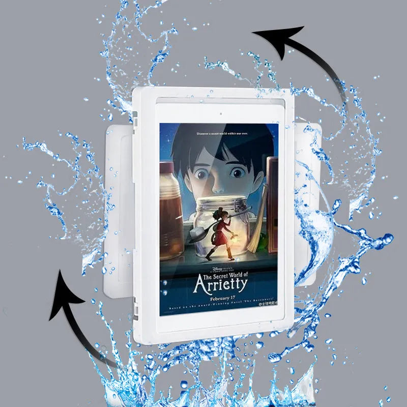 Waterproof bathroom phone holder with touch screen mounted on tile