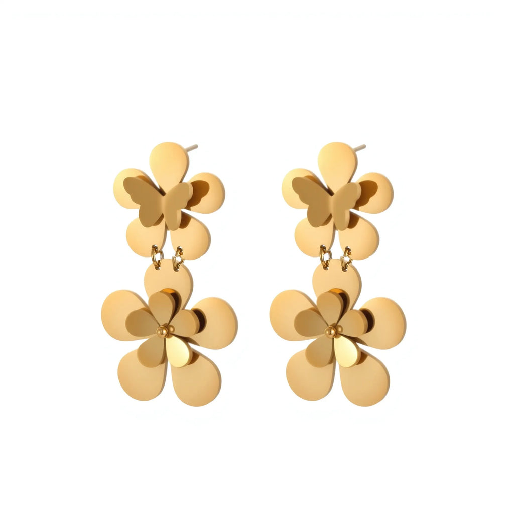 Gold flower butterfly stainless steel earrings with electroplated 18K finish for women