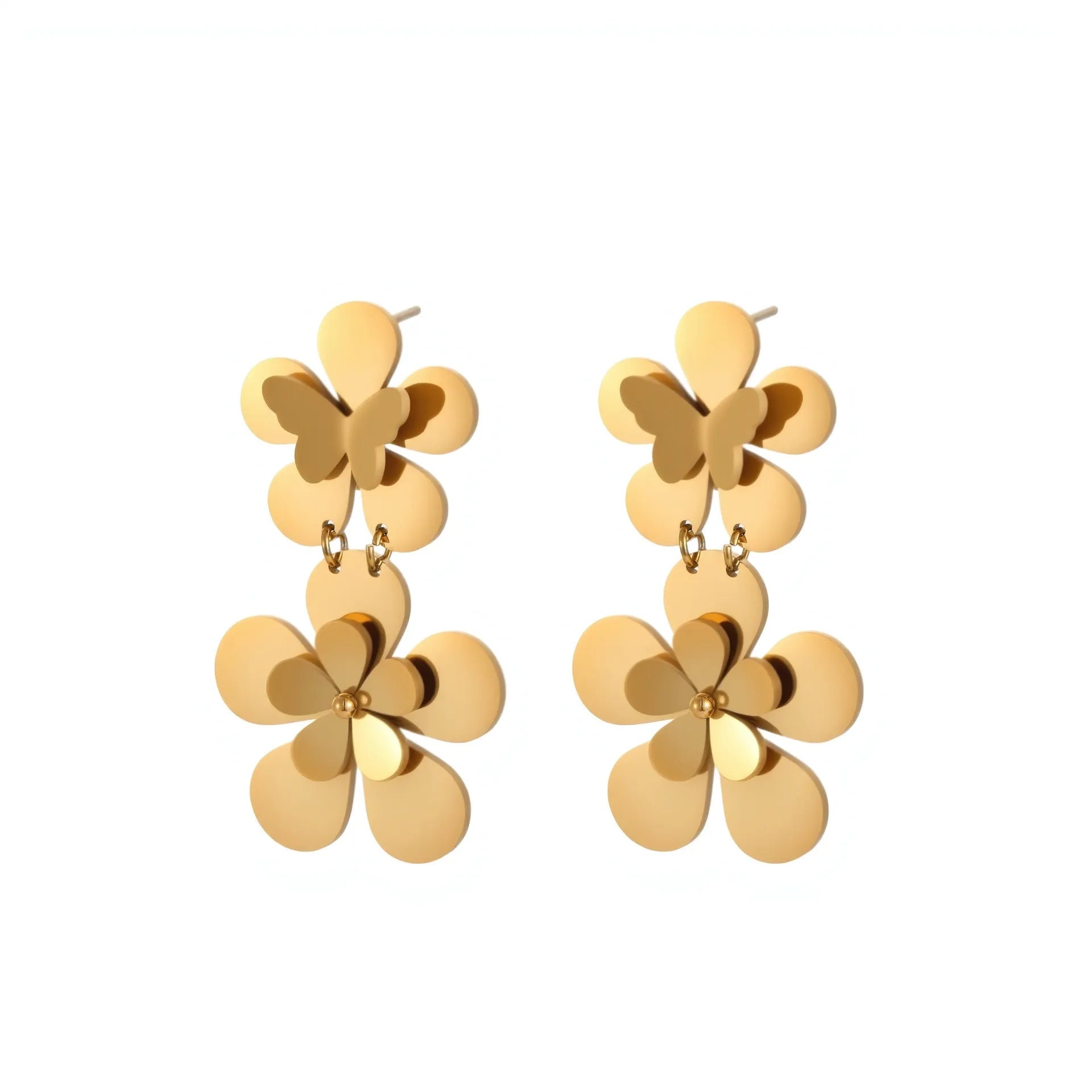Gold flower butterfly stainless steel earrings with electroplated 18K finish for women
