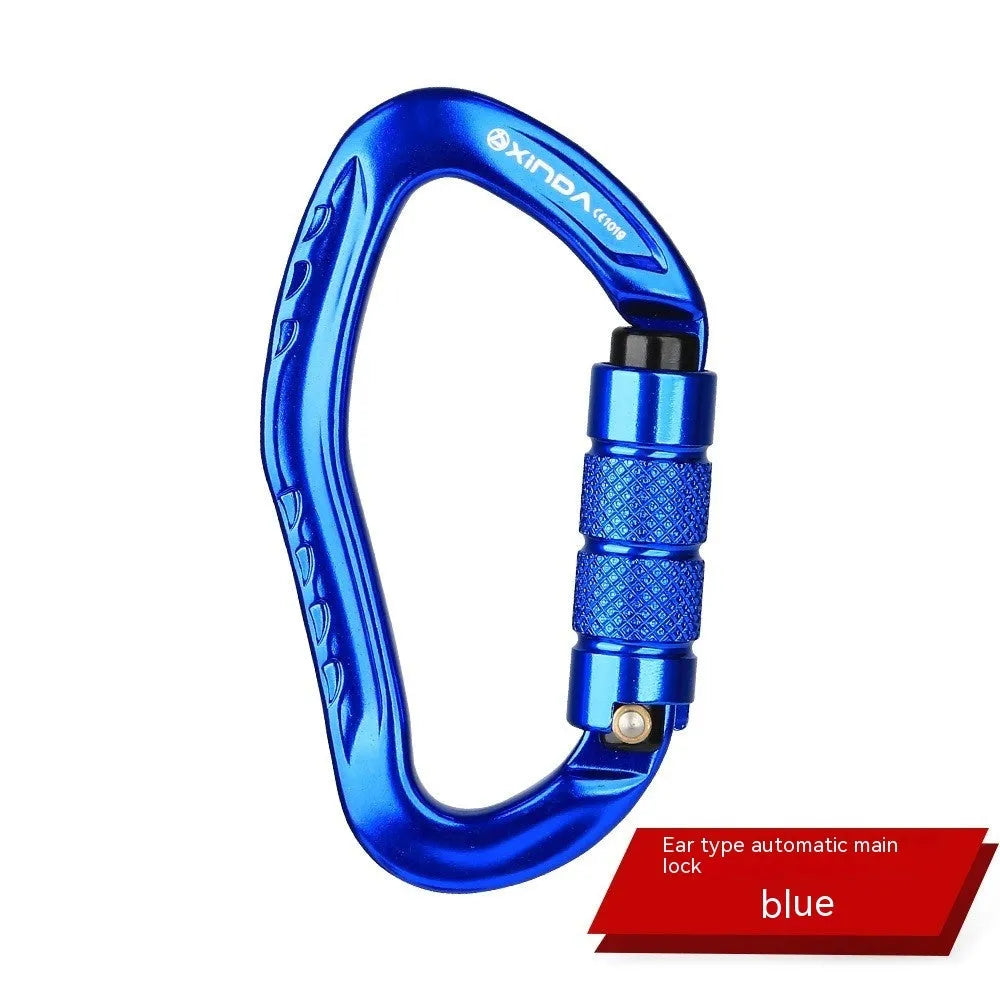 Automatic master lock climbing carabiner in black, blue, orange, red, and silver colours.