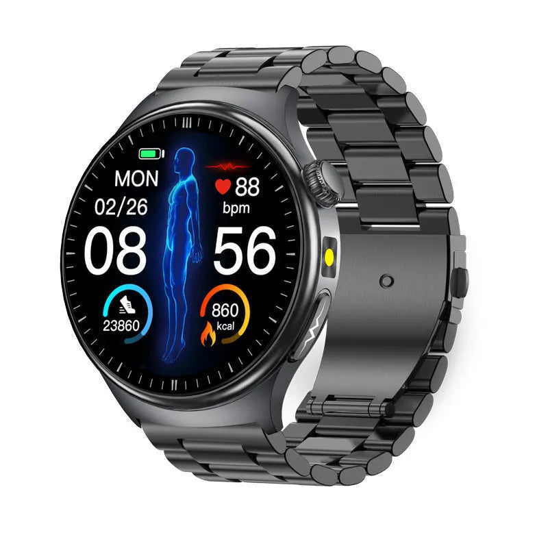 TK27 Bluetooth smart bracelet with black strap and 1.43 inch screen displaying health metrics, IP68 waterproof alloy metal shell