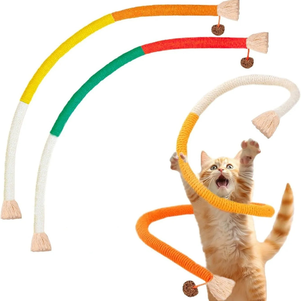 70cm cotton bite rope cat toy in three colour combinations: purple, orange, and red with green