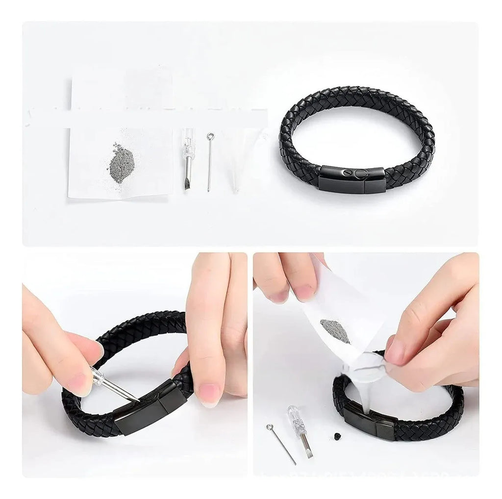 Black stainless steel and leather woven casket bracelet with English text, in a gift box.