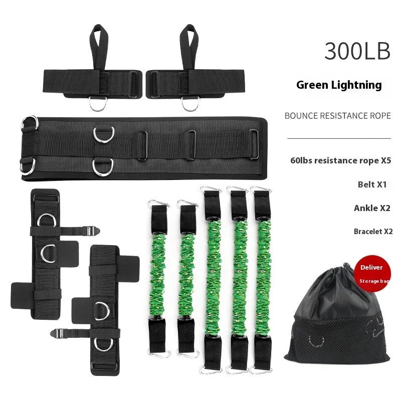 Fitness Bounce chest expander elastic belt with red, blue, black, and green resistance sleeves