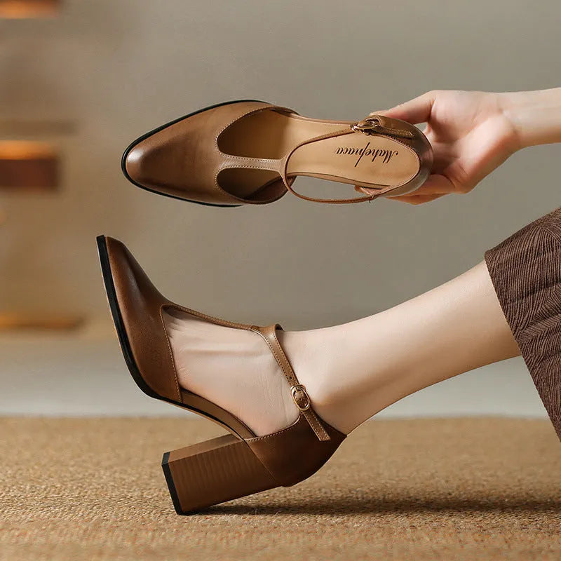 Women's retro Mary Jane shoes with pointed toe, hollow design and buckle fastening in pink or dark brown.