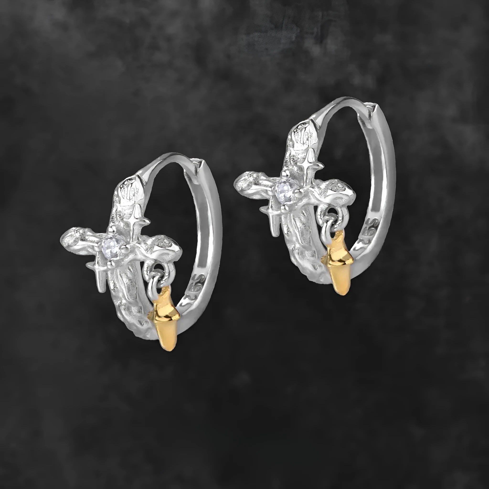 925 silver geometric cross earrings with white gold colour electroplating and round elements