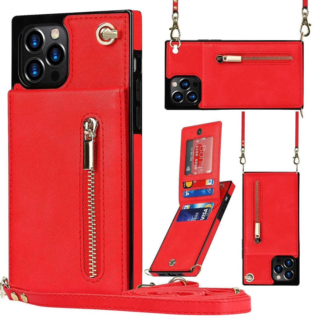 Black leather-back mobile phone case shown next to a green and purple version for iPhone and Samsung models.