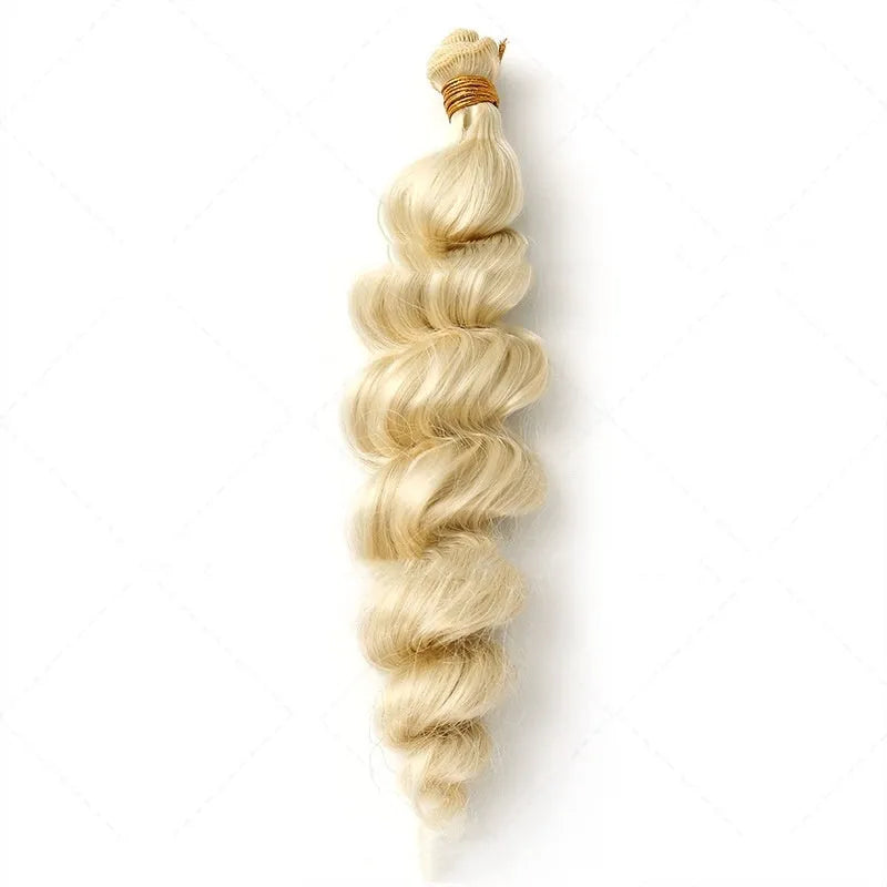 Golden blonde synthetic women's wig shown in three length options