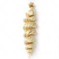 Golden blonde synthetic women's wig shown in three length options