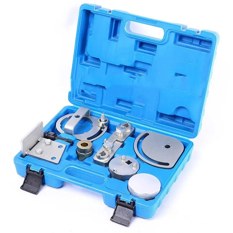 Volvo specialist engine timing tool set with eight carbon steel tools for cylinder head alignment.