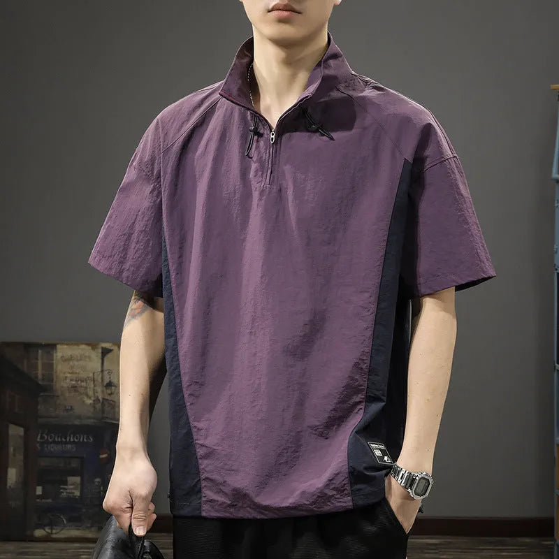 Men's brown half-zip stand collar business shirt with short sleeves and loose fit for summer wear