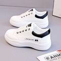 Women's Korean-style white pumps with cross straps and leather stitching on synthetic leather upper