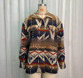 Women's loose fit retro jacket with art deco print in wool blend, shown in army green colour.