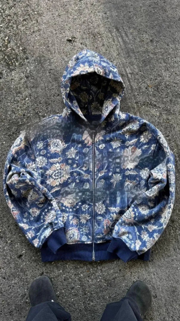 Men's hooded loose zip coat in red or blue polyester fibre with comprehensive size chart