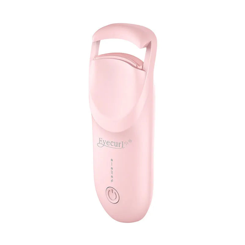 USB electric eyelash curler in cream white, pink, or apricot with charging cable.