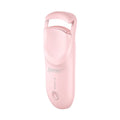 USB electric eyelash curler in cream white, pink, or apricot with charging cable.