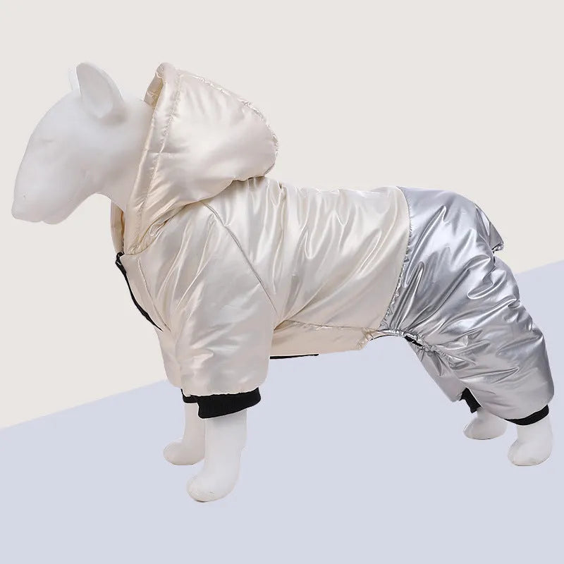 Green waterproof dog coat with cotton padding shown on a dog