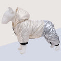 Green waterproof dog coat with cotton padding shown on a dog