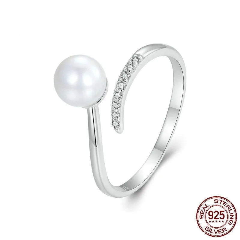 S925 sterling silver adjustable open loop ring with shell pearls in natural style