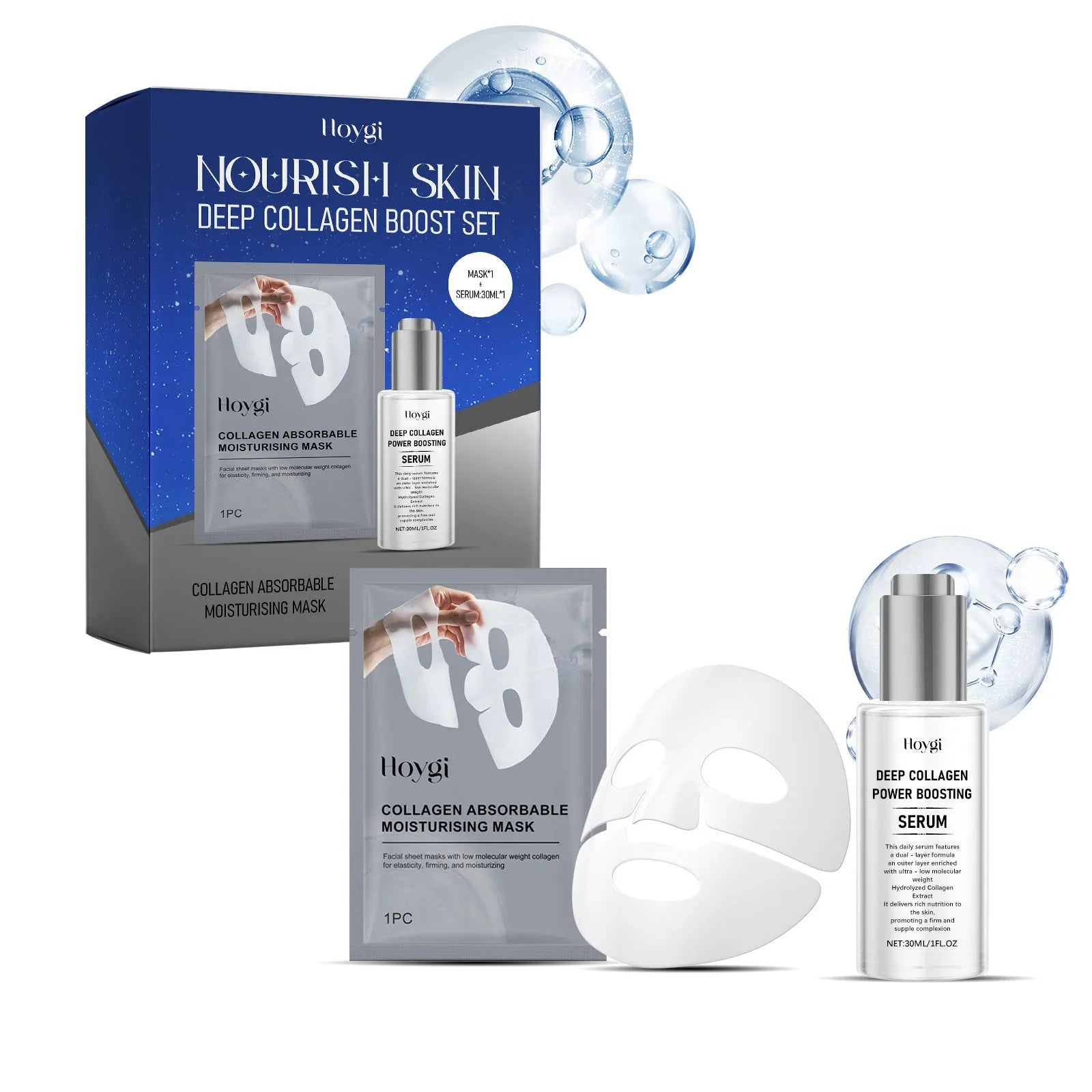 Collagen moisturising sheet mask and 30ml serum essence bottle for facial skincare