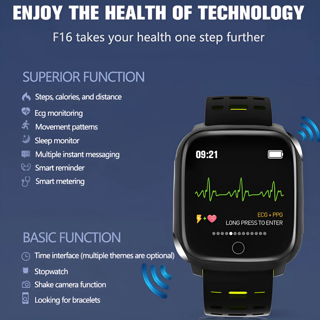 F16 smart watch with ECG monitor for blood pressure and heart rate tracking on wrist