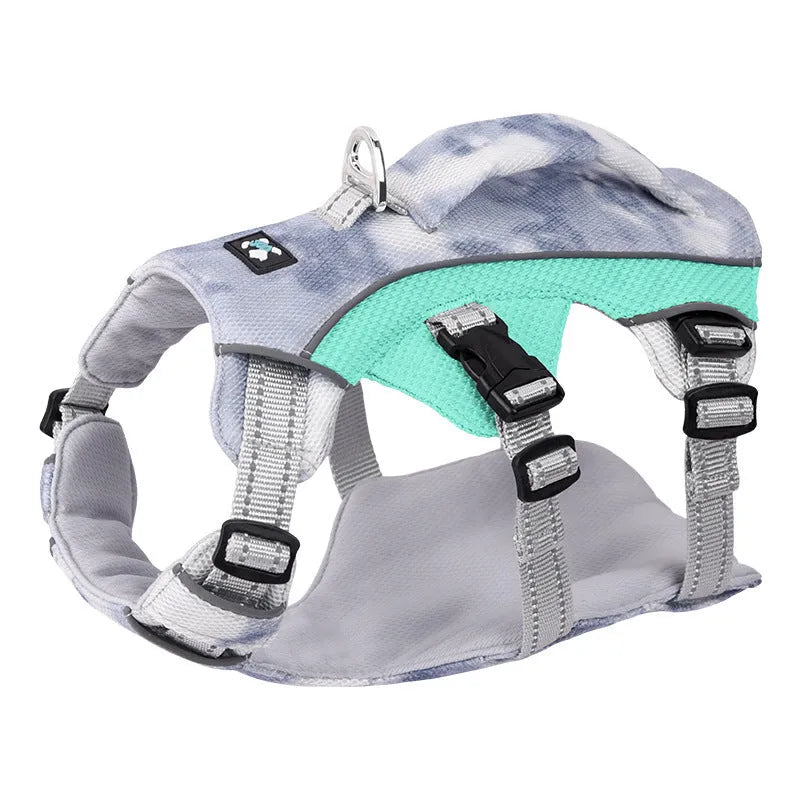 Reflective adjustable dog harness in light blue colour with chest strap design