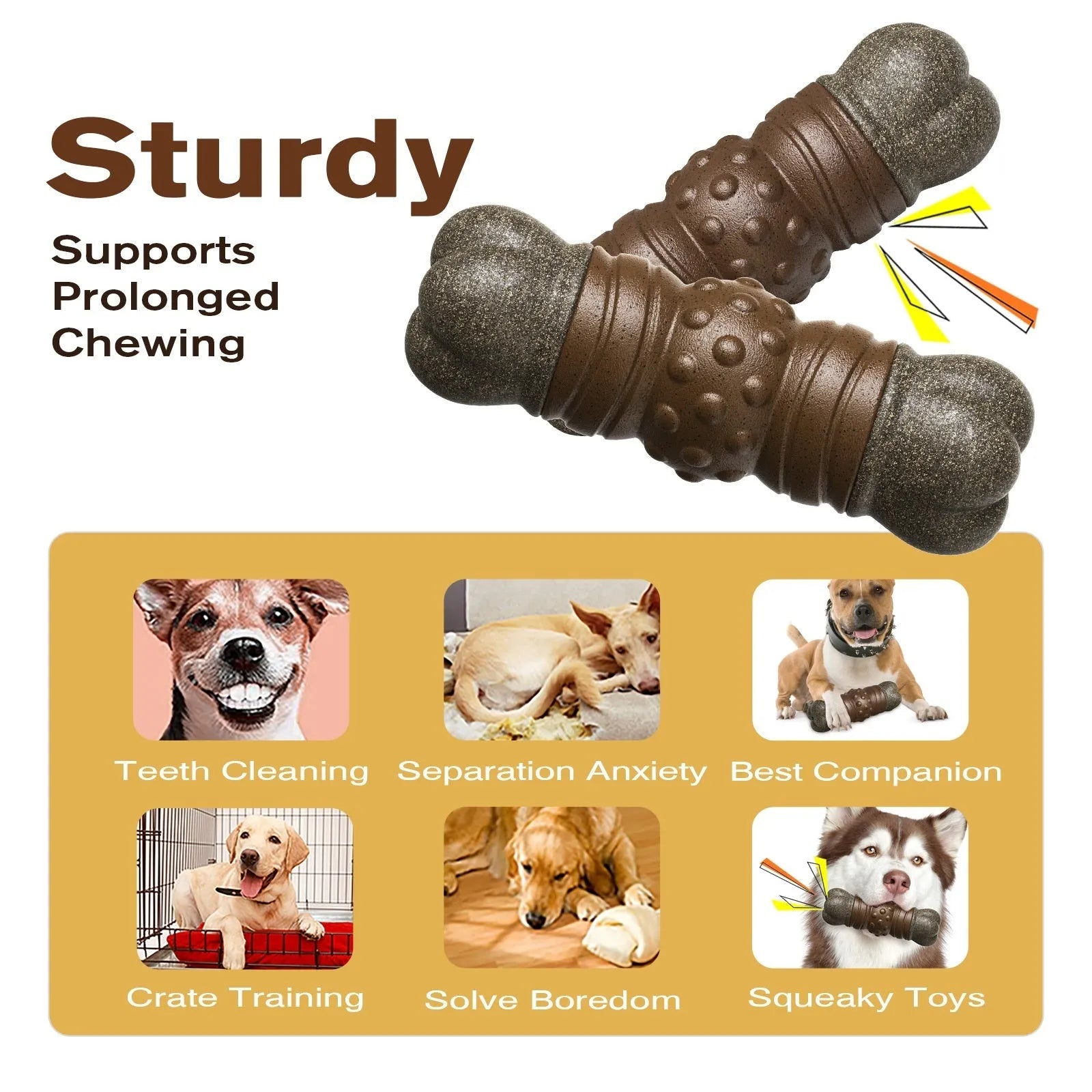 Wood colour plastic dog toothbrush chew toy with molar rod design and audible sound feature