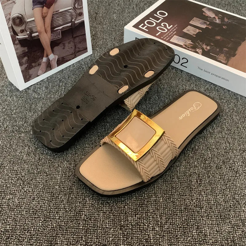 Women's casual flat slippers in apricot, black and khaki colours with PVC soles