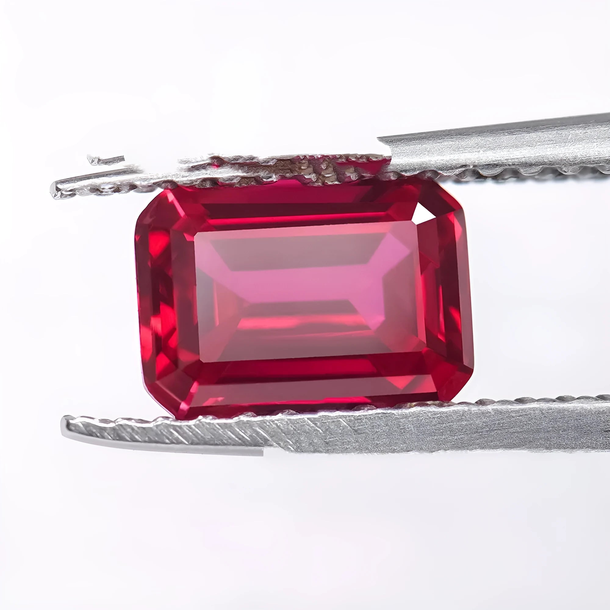 A loose, faceted artificial ruby gemstone in a deep pigeon blood red colour.