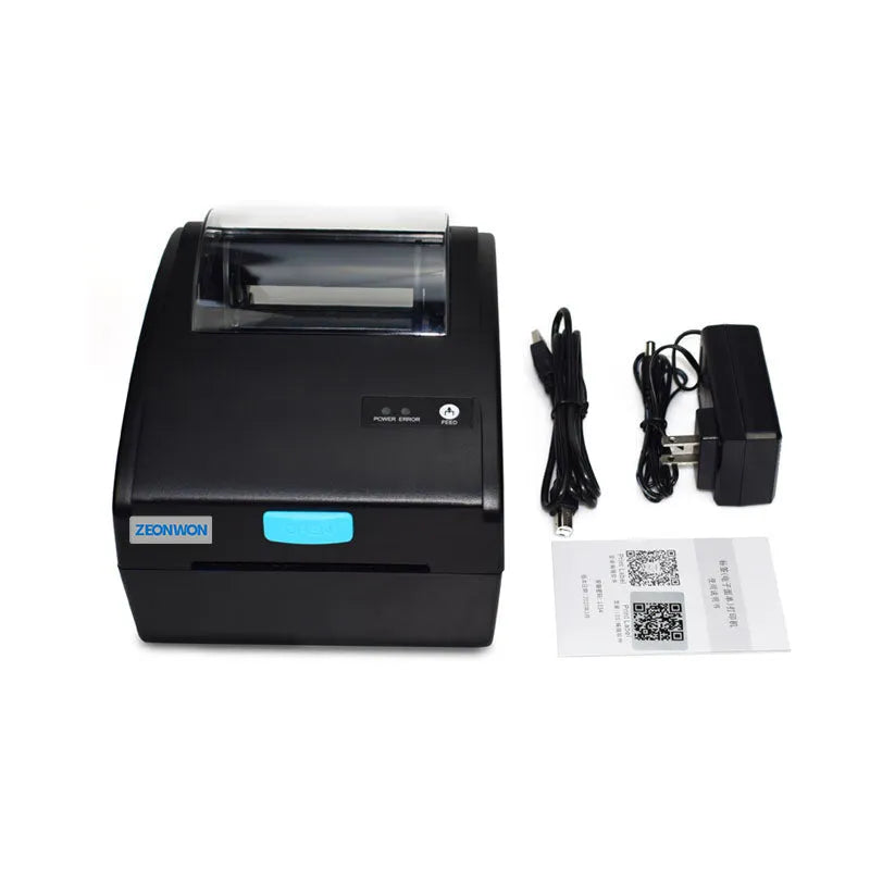 White thermal label printer with Bluetooth and USB connectivity measuring 200x160mm