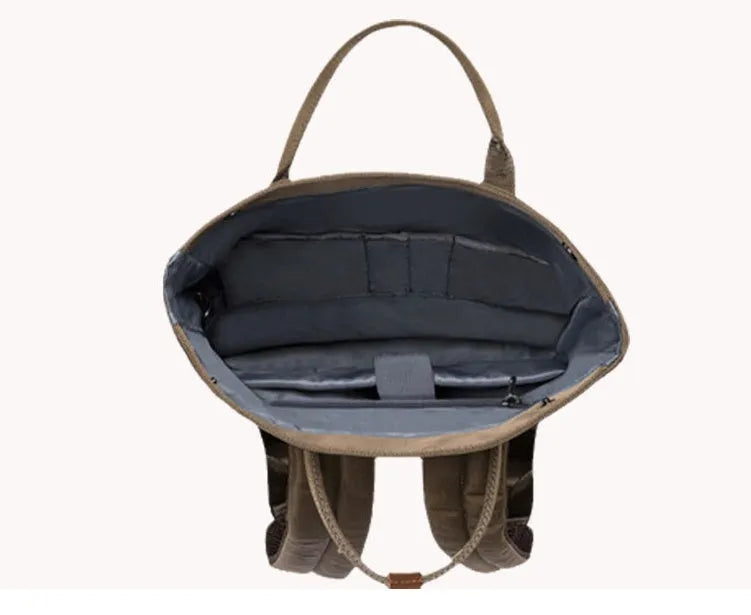 Casual polyester backpack with cover opening showing laptop pocket and interior organisation