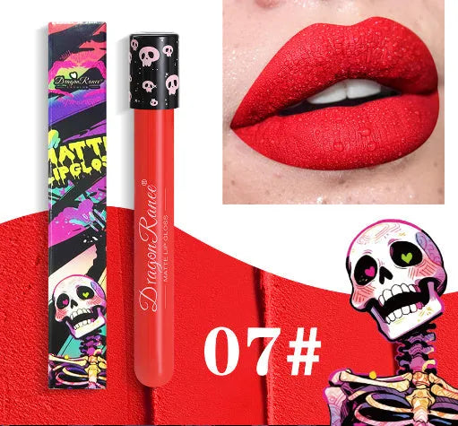 Halloween skull test tube containing matte gold or silver lip gloss for creative makeup.